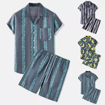 Мужские летние комплекты из двух предметов с пляжным принтом: рубашки с короткими рукавами и шорты, брюки XL серый