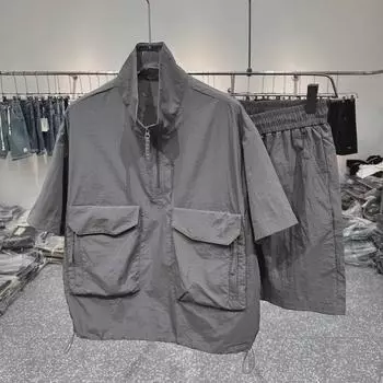 Мужские летние костюмы из ледяного шелка больших размеров: Футболки с короткими рукавами, рубашки и шорты из двух частей от модных брендов XL чёрный