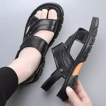 Мужские летние кожаные сандалии для отдыха на открытом воздухе, новые легкие, для отдыха, спорта, вождения, пляжная обувь, мужские водонепроницаемые тапочки 38 чёрный