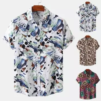 Мужские летние модные повседневные топы, свободные и удобные рубашки с короткими рукавами с принтом XXXL синий