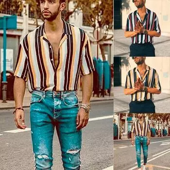 Мужские летние модные рубашки, повседневные полосатые рубашки, верхняя блузка с короткими рукавами XXL красный