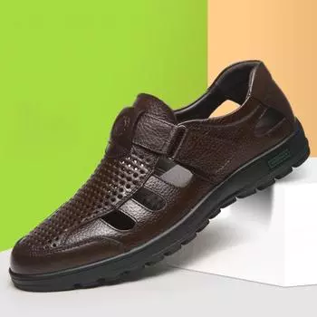 Мужские летние мужские кожаные сандалии из мягкой кожи, дышащая нескользящая повседневная кожаная обувь с отверстиями, уличная пляжная обувь 38