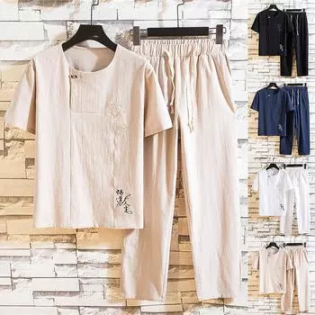 Мужские летние новые хлопковые и конопляные длинные брюки с короткими рукавами, модный удобный костюм L чёрный