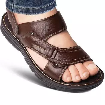 Мужские летние новые кожаные сандалии, мужская повседневная пляжная обувь, нескользящие тапочки, две сандалии, мужские сандалии, кожаные мужские сандалии 38