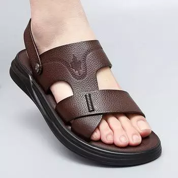 Мужские летние новые мужские сандалии Мужская кожаная пляжная обувь Повседневная мужская обувь Модные тапочки Полосатые сандалии Резиновая мужская обувь 38 чёрный