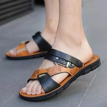 Мужские летние новые мужские сандалии Мужская кожаная пляжная обувь Повседневная мужская обувь Модные тапочки Полосатые сандалии Резиновая мужская обувь 39 коричневый
