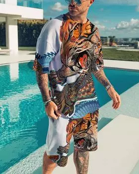 Мужские летние новые повседневные комплекты одежды с 3D-принтом, мужские футболки, короткие штаны, комплект из 2 предметов, новейший тренд для активного отдыха, спортивный костюм с коротким рукавом S