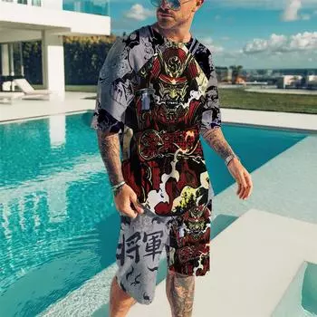 Мужские летние новые повседневные комплекты одежды с 3D-принтом, мужские футболки, короткие штаны, комплект из 2 предметов, новейший тренд для активного отдыха, спортивный костюм с коротким рукавом S