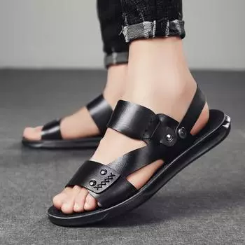 Мужские летние новые сандалии и тапочки, мужские кожаные сандалии для взрослых, пляжная обувь на толстой подошве, нескользящие кожаные сандалии с открытым носком 39