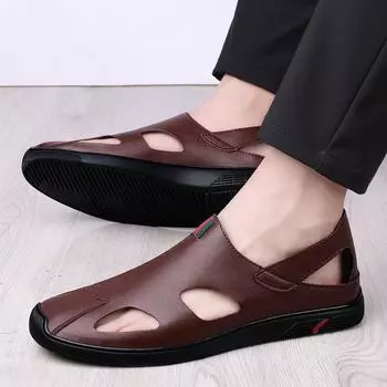 Мужские летние новые сандалии и тапочки. Мужские кожаные сандалии для взрослых. Пляжная обувь на толстой подошве. Нескользящие кожаные сандалии с открытым носком. Размер 37-45. 37 чёрный