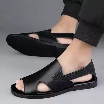 Мужские летние новые сандалии и тапочки. Мужские кожаные сандалии для взрослых. Пляжная обувь на толстой подошве. Нескользящие кожаные сандалии с открытым носком. Размер 37-45. 37 чёрный