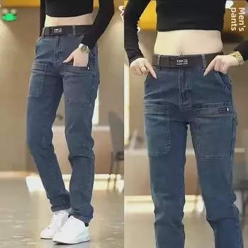 Мужские летние облегающие джинсы: Модные, универсальные, эластичные, повседневные брюки с шестью карманами 34 чёрный