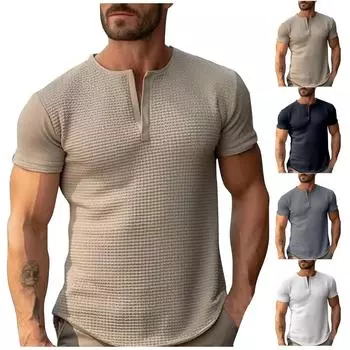Мужские летние однотонные футболки с V-образным вырезом без пуговиц и коротким рукавом Мужские летние повседневные модные футболки с коротким рукавом M бежевый