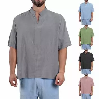 Мужские летние однотонные топы из хлопка и льна с V-образным вырезом и рукавами-пять точек, повседневные модные топы для мужчин S чёрный