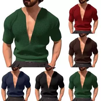 Мужские летние однотонные топы с V-образным вырезом и короткими рукавами, эластичные топы для мужчин, повседневные модные топы L армия зеленый