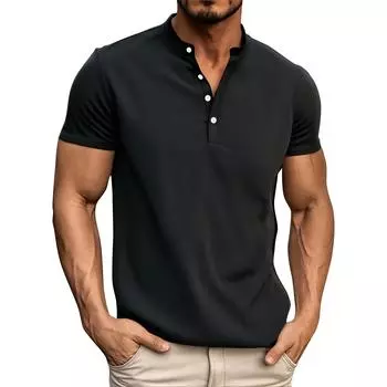Мужские летние однотонные топы с воротником на пуговицах и коротким рукавом, мужские повседневные свободные модные топы XXXL чёрный