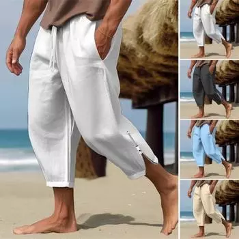 Мужские летние пляжные брюки, свободные боковые карманы, эластичная резинка на талии, на молнии, однотонные спортивные штаны для тренировок в тренажерном зале, спортивные штаны для бега, девятые брюки M белый