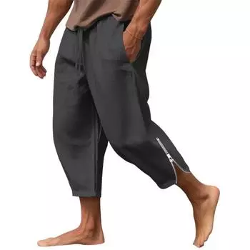 Мужские летние пляжные брюки, свободные боковые карманы, эластичная резинка на талии, на молнии, однотонные спортивные штаны для тренировок в тренажерном зале, спортивные штаны для бега, девятые брюки L хаки
