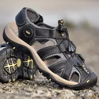 Мужские летние пляжные повседневные сандалии, дышащие сандалии, уличные кожаные сандалии с закрытым носком и толстой подошвой, походные сандалии 38 чёрный