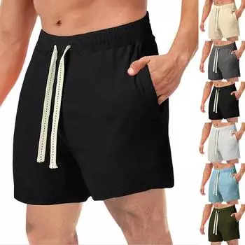 Мужские летние пляжные шорты, брюки, эластичные карманы на талии, однотонные брюки-карго для бега