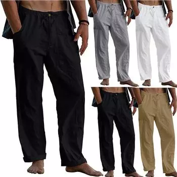 Мужские летние пляжные свободные хлопковые льняные брюки для йоги, эластичные брюки на шнурке M белый