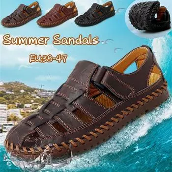 Мужские летние полые кожаные сандалии, дышащая винтажная кожаная обувь, повседневные уличные болотные лоферы на плоской подошве, пляжные тапочки 47 чёрный