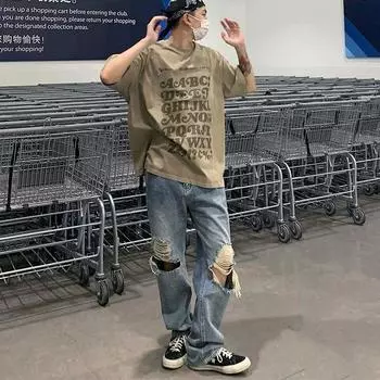 Мужские летние потертые джинсы в стиле ретро с рваными дырками, свободные прямые брюки для мытья полов, модные универсальные брюки 2XL