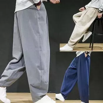 Мужские летние повседневные брюки из хлопка и льна с эластичной резинкой на талии, модные брюки-фонарики, брюки Harajuku, джоггеры, большой размер 5XL M чёрный