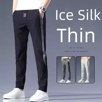 Мужские летние повседневные брюки из корейского шелка Ice Silk — тонкие, прямые, с цветными блоками 4XL