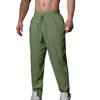 Мужские летние повседневные брюки на шнурке Мужские дышащие брюки из хлопка и льна L армия зеленый