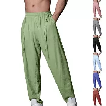 Мужские летние повседневные брюки на шнурке Мужские дышащие брюки из хлопка и льна L армия зеленый