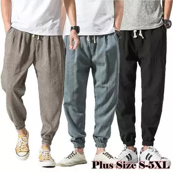 Мужские летние повседневные брюки-шаровары из хлопка и льна для бега 5XL чёрный