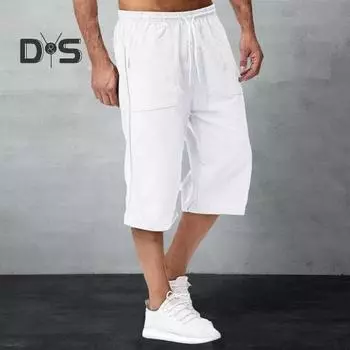 Мужские летние повседневные брюки со средней посадкой, эластичные брюки на талии с широкими штанинами, однотонные брюки до середины икры с карманами, уличная одежда 2XL хаки