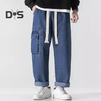 Мужские летние повседневные джинсы с эластичной резинкой на талии, прямые широкие джинсовые брюки с несколькими карманами, дизайнерские длинные брюки, уличная одежда 4XL чёрный