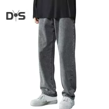 Мужские летние повседневные джинсы средней посадки на молнии с пуговицами, джинсовые брюки прямого покроя с широкими штанинами, карманы, однотонные длинные брюки M серый