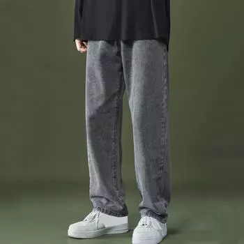 Мужские летние повседневные джинсы средней посадки с застежкой-молнией на пуговицы, джинсовые брюки прямого покроя с широкими штанинами, однотонные длинные брюки с карманами M синий