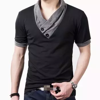 Мужские летние повседневные футболки с короткими рукавами, большие футболки с лоскутным воротником, мужские футболки с v-образным вырезом, хлопковые футболки M-5XL M чёрный