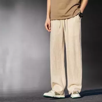 Мужские летние повседневные хлопковые льняные свободные брюки для йоги на шнуровке, брюки, мужская одежда, спортивные свободные мужские брюки M тёмно-синий