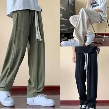 Мужские летние повседневные хлопковые льняные свободные брюки для йоги на шнурке, брюки, мужская одежда, спортивные мужские брюки M чёрный