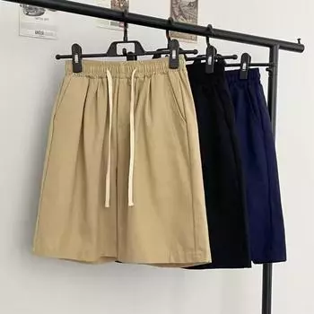 Мужские летние повседневные шорты с эластичной завязкой на талии, шорты со средней посадкой и карманами, однотонные прямые широкие шорты до колен, уличная одежда M темно-синий