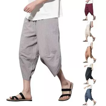 Мужские летние повседневные свободные брюки в полоску, мужские укороченные брюки L чёрный