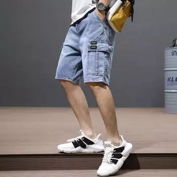 Мужские летние японские модные джинсовые шорты с несколькими карманами и свободными рукавами 2XL синий