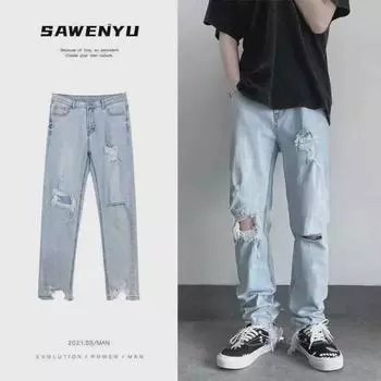 Мужские летние рваные джинсы широкого кроя - модный свободный крой с 9 точками L