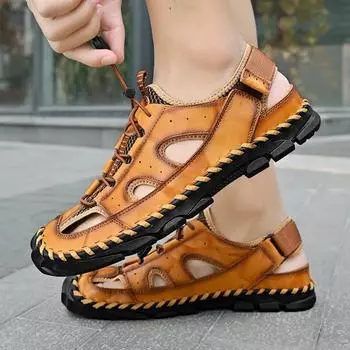 Мужские летние сандалии 2024 года, новые повседневные кожаные пляжные сандалии, мужская обувь, сетчатые дышащие, удобные, мягкие, римские мужские сандалии 45 светло-коричневого