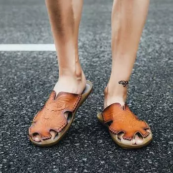 Мужские летние сандалии 2024 года: Тапочки Baotou Hole для улицы и пляжа, большой размер 48, теплые полутапочки с мягкой подошвой. 45 size жёлтый/коричневый