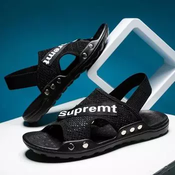 Мужские летние сандалии 2025 года, мужские классные тапочки, повседневные трендовые универсальные летающие плетеные модные верхние туфли для пляжа, мужская обувь 39 чёрный
