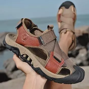 Мужские летние сандалии Baotou из натуральной кожи для активного отдыха — дышащая сетчатая пляжная и повседневная спортивная обувь 38