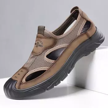 Мужские летние сандалии из натуральной кожи 2024 года с дышащей отделкой: Обувь Mesh для вождения, отдыха на природе, вброд и на пляже 39