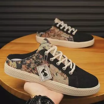 Мужские летние сандалии из парусины без застежек — модные белые полутапочки с закрытым носком и без каблука бежевый