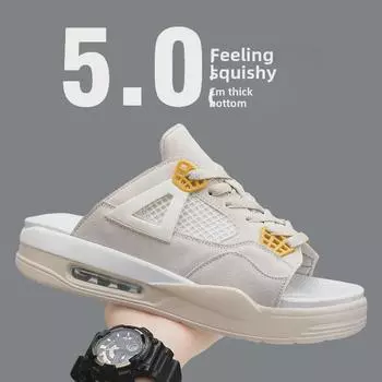 Мужские летние сандалии на толстой подошве AJ4 Air Cushion - повседневные шлепанцы большого размера для пляжа 42 жёлтый/бежевый